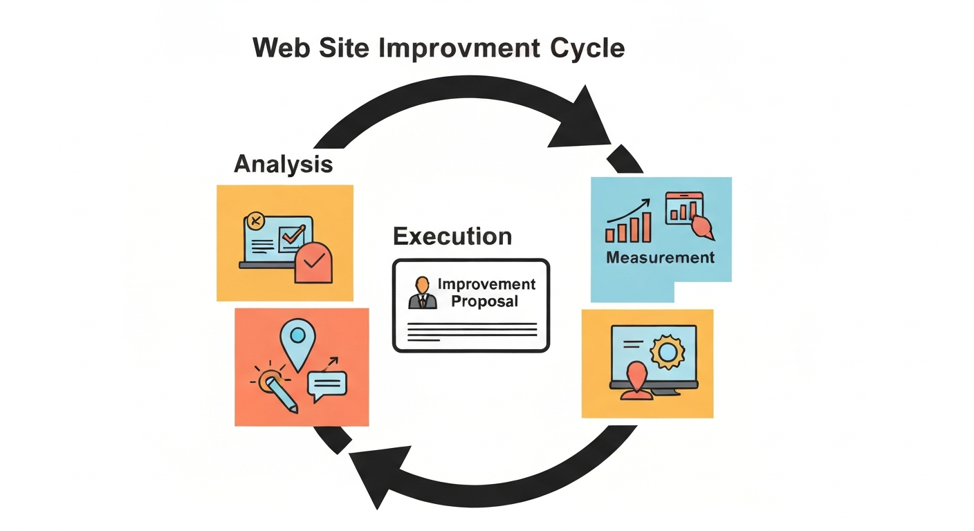 Webサイトの改善サイクルを示す図。分析、改善提案、実行、効果測定のループが描かれている。