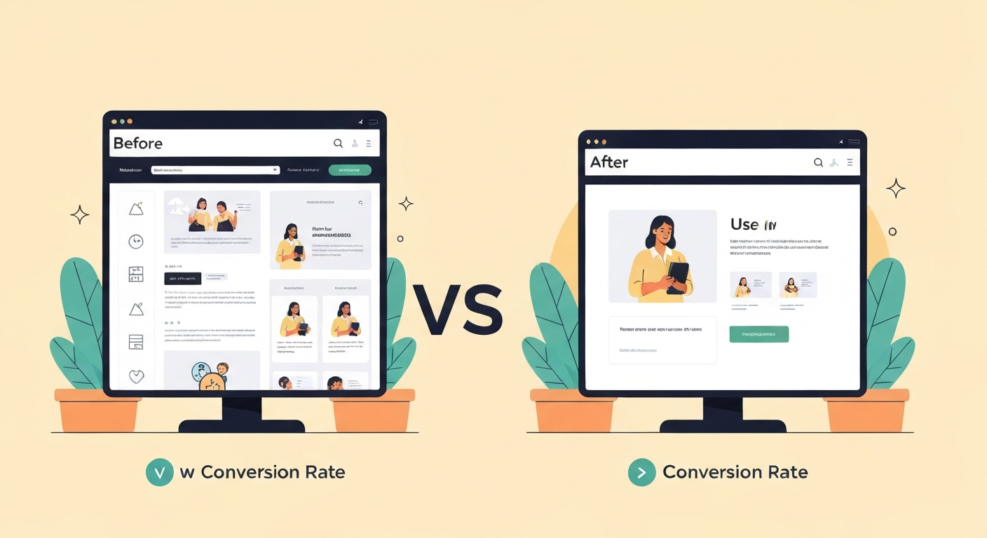 Webサイト改善前後の比較を示す画像。改善後の方がコンバージョン率が向上している。