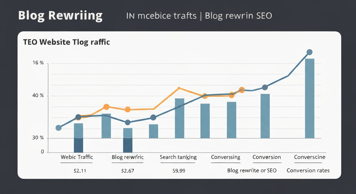 SEOにおけるブログリライトの重要性を示すグラフ。アクセス数、検索順位、コンバージョン率がリライト後に上昇している様子を描写。