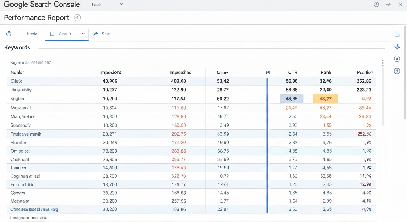 Google Search Consoleの画面キャプチャ。パフォーマンスレポートで、クリック数、インプレッション数、CTR、掲載順位が確認できる状態。