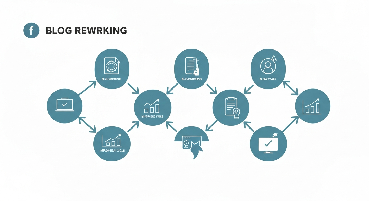 ブログリライトの手順を示すフローチャート。各ステップが順番に繋がっており、改善サイクルを表現。