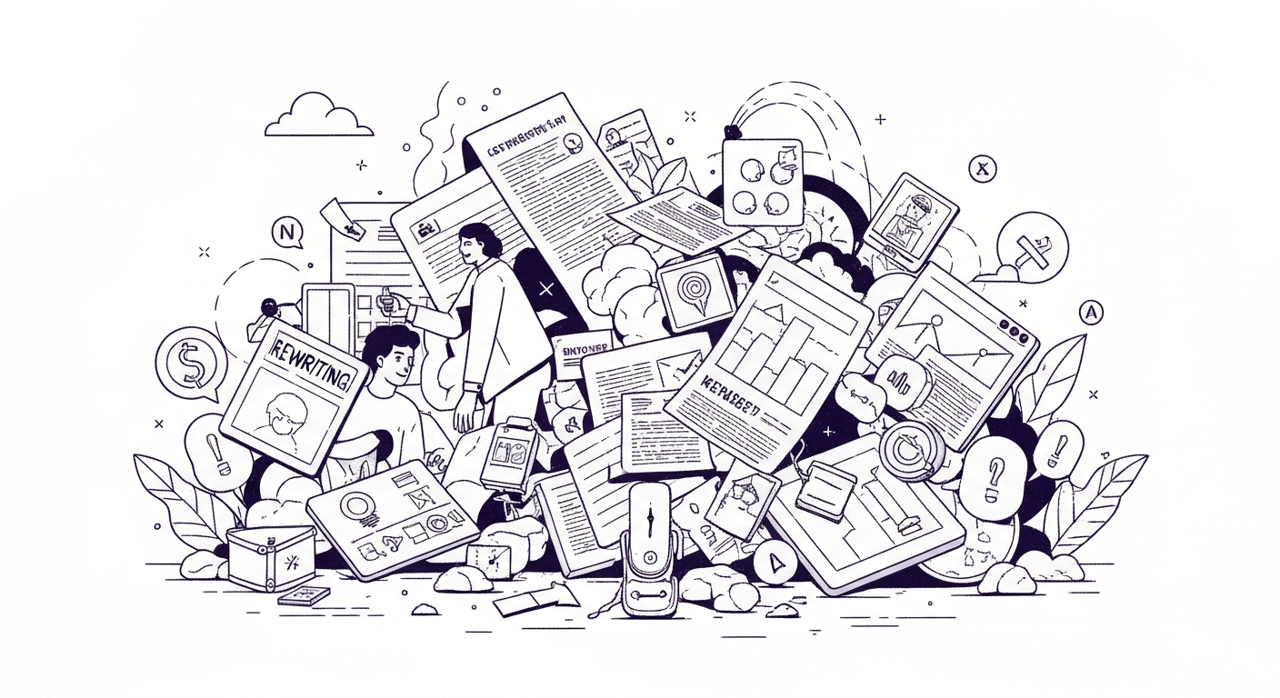 リライトのNG行為を示すイラスト。キーワードの詰め込み、大幅な構成変更、内容の矛盾が描かれている。