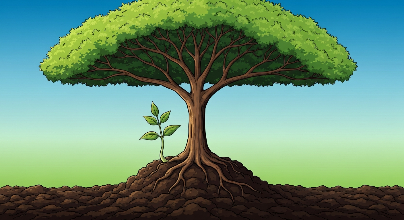 小さな芽が成長して大きな木になる様子を描いたイラスト。