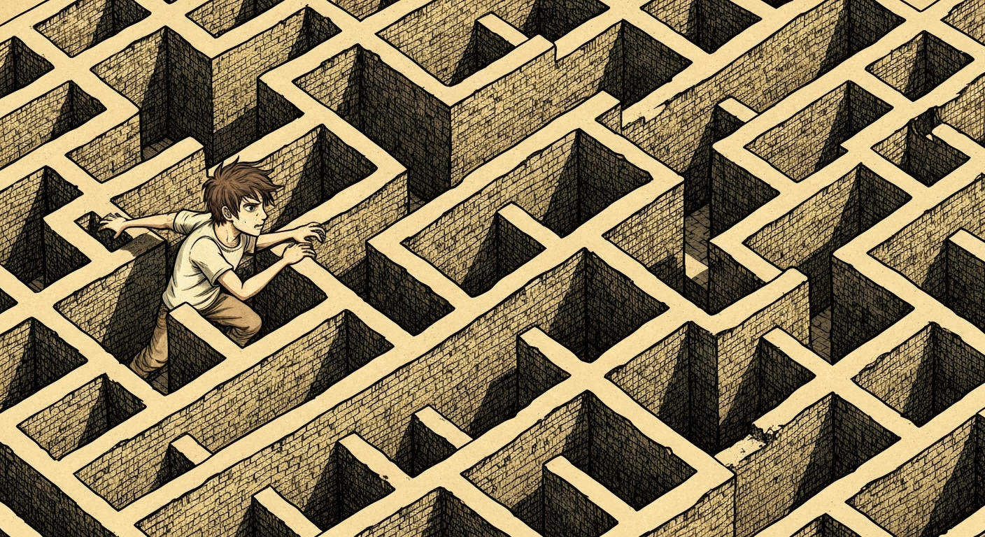 迷路のような複雑なフォームのイラスト。人が出口を探している