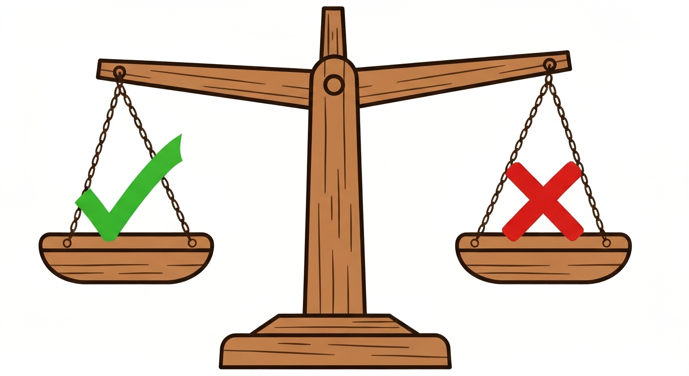 チェックマークとバツマークが描かれた天秤のイラスト。確認画面の是非を検討している様子