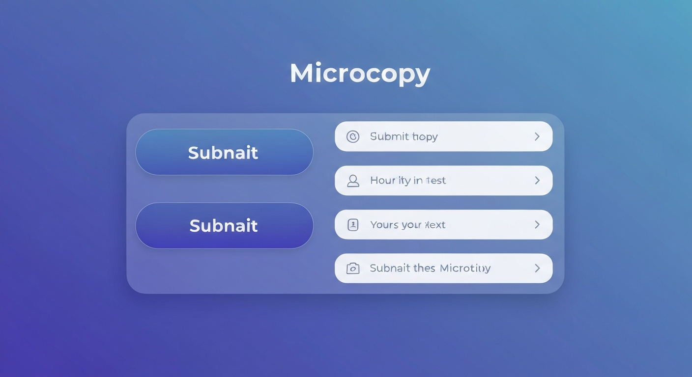 送信ボタンに様々なマイクロコピーの候補が表示されているイラスト。最適なコピーを選んでいる様子