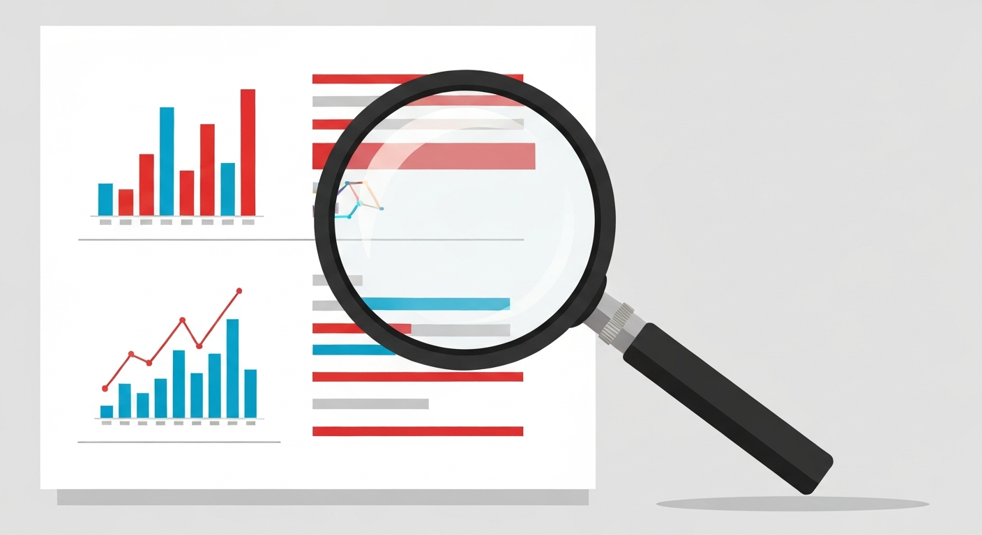 拡大鏡でデータ分析をしているイメージ