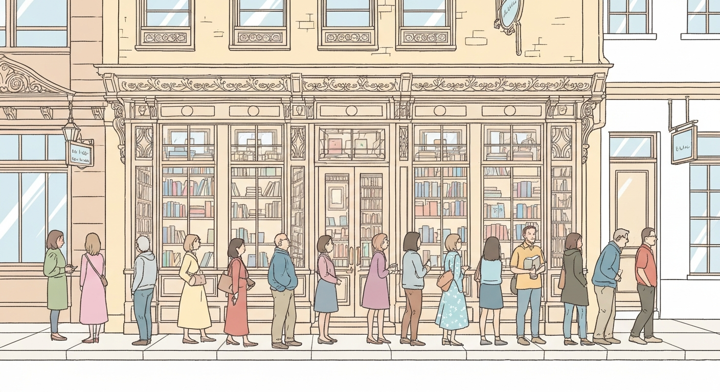 店舗の前に人が並んでいる様子。口コミ評価が高いことを示唆