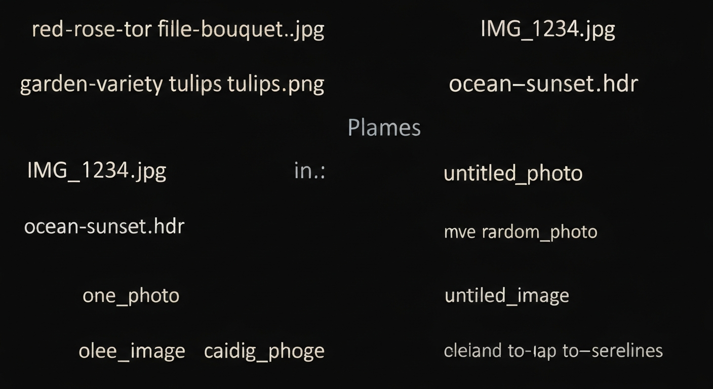 ファイル名の例。「red-rose-bouquet.jpg」のように、キーワードを含み、ハイフンで区切られたファイル名が推奨される