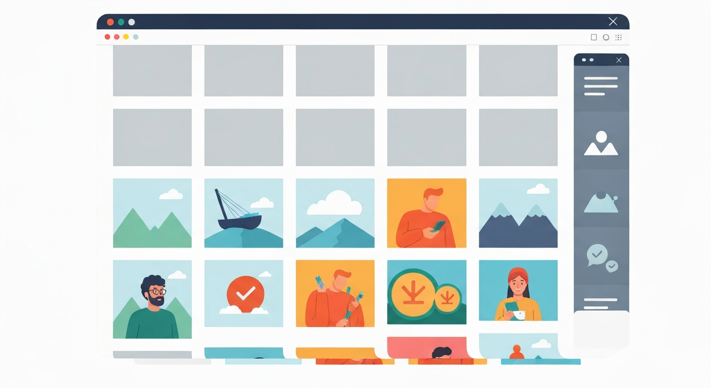 遅延読み込みのイメージ。スクロールして画像が表示されるまで、画像の読み込みが遅延されている