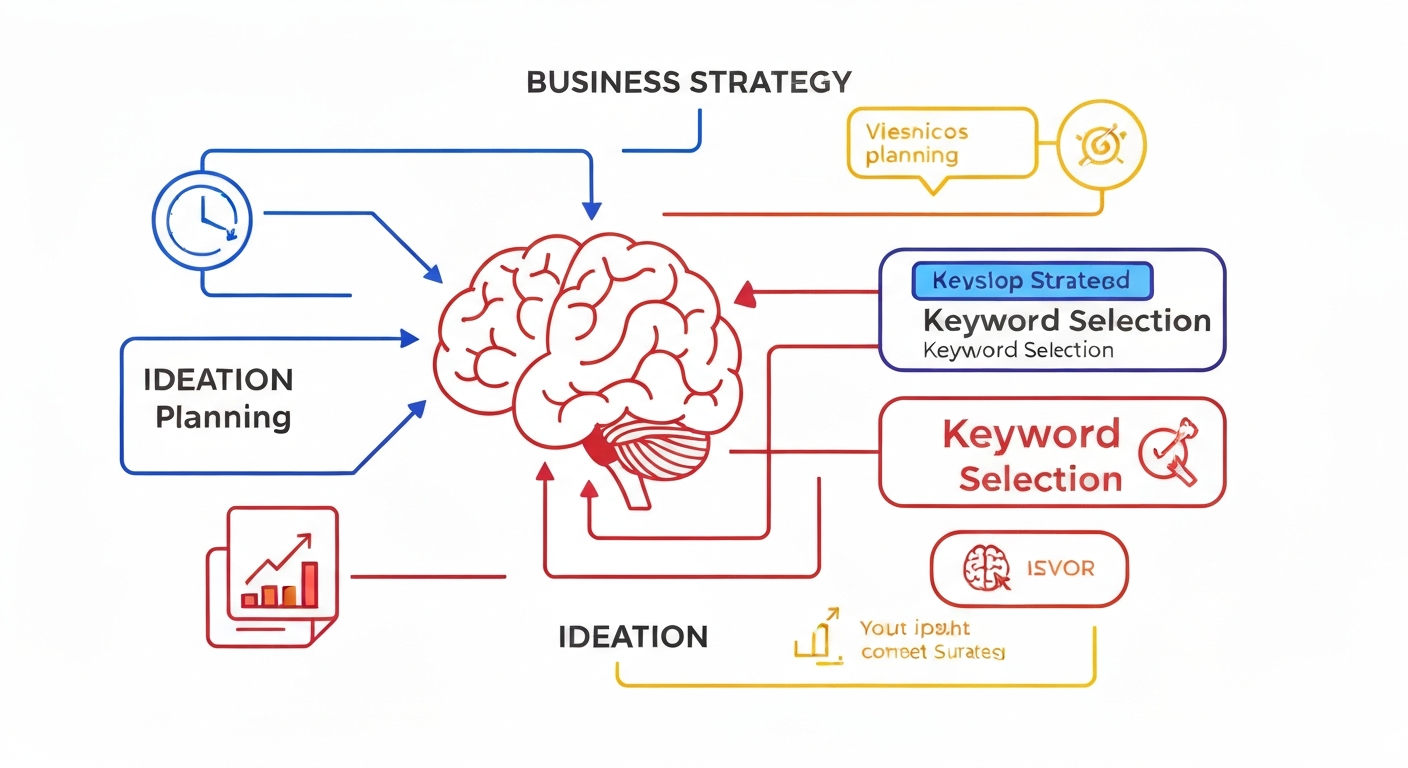 ビジネス戦略を立てる人物のイラスト。キーワード選定の重要性を示す