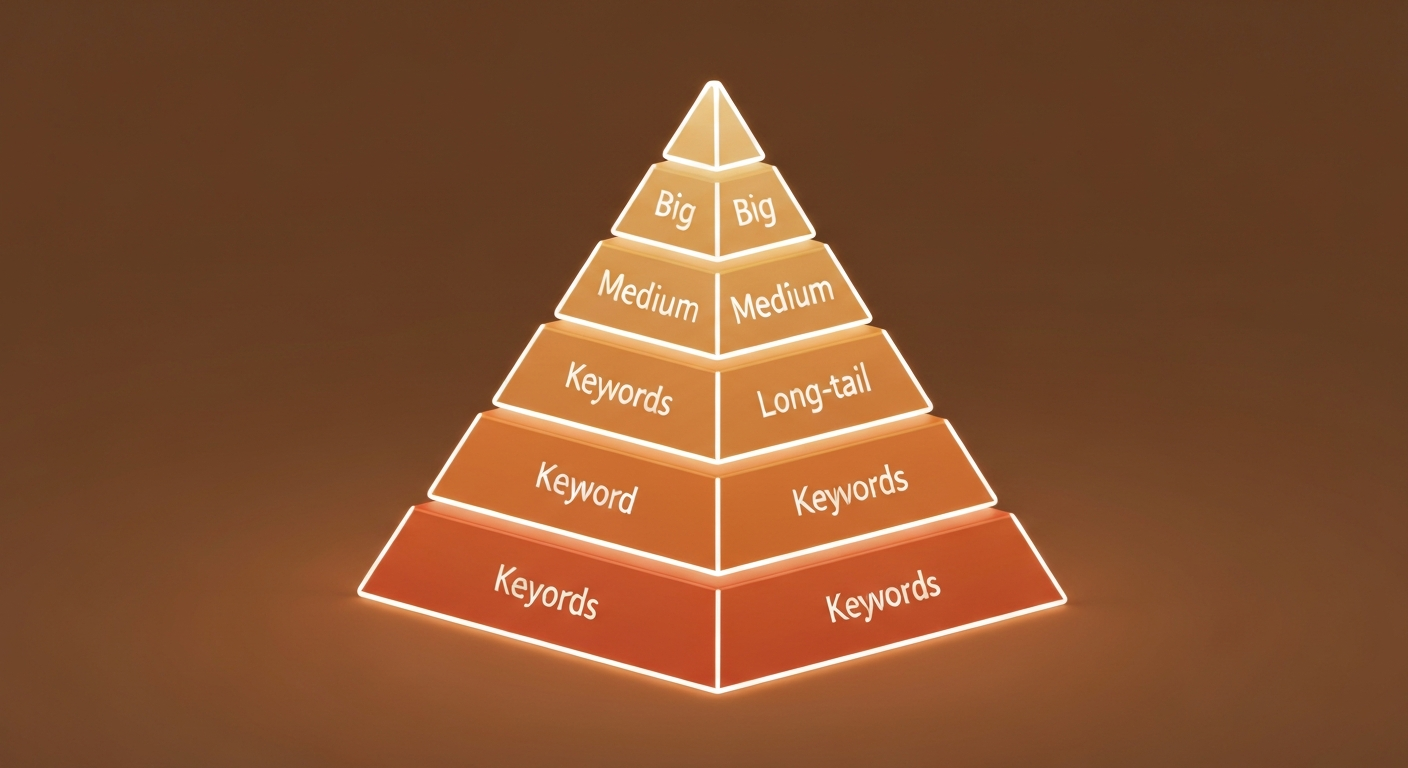 キーワードの階層構造を示すピラミッド図。ビッグ、ミドル、ロングテールの分類を視覚的に表現