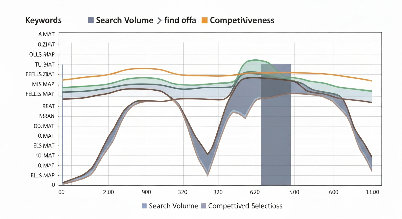 検索ボリュームと競合性のバランスを示すグラフ。最適なキーワード選定ポイントを強調