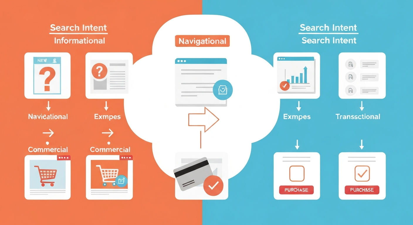 検索意図の4分類を示すインフォグラフィック。各分類の例と対応するコンテンツタイプを視覚的に表現