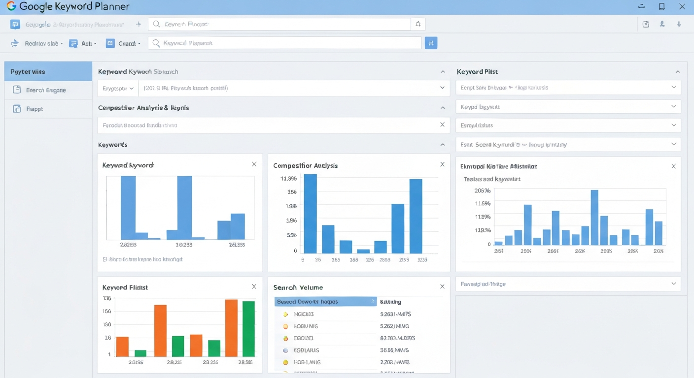 Googleキーワードプランナーのインターフェースを示すスクリーンショット。キーワード調査と分析の様子を表現