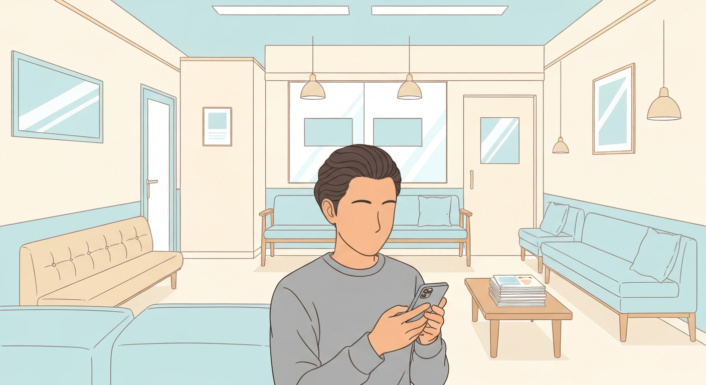 歯科医院の待合室でスマートフォンを操作する患者のイラスト。