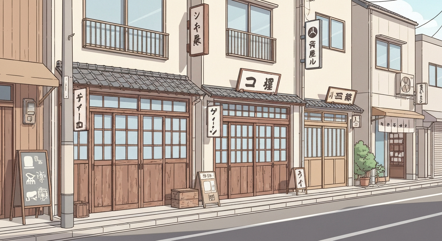 吉祥寺の街並みのイラスト。お店が少なく、ゆったりとした雰囲気