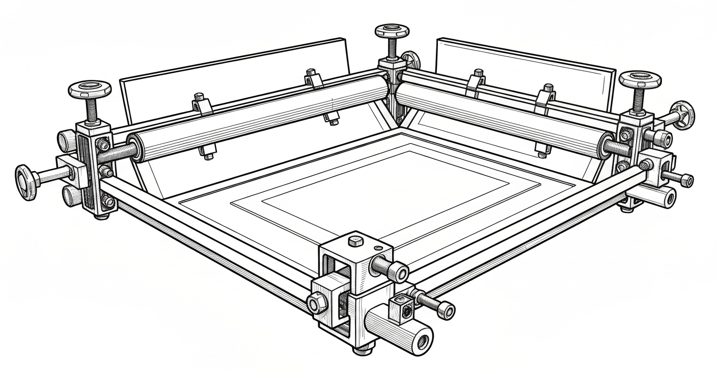 シルクスクリーン印刷機材のイラスト。精密な機械とインクのイメージ