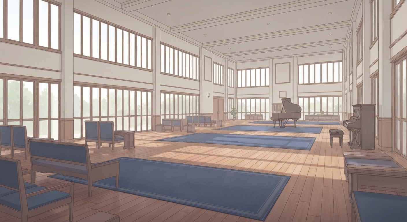 葬儀場のイラスト。静かで落ち着いた雰囲気