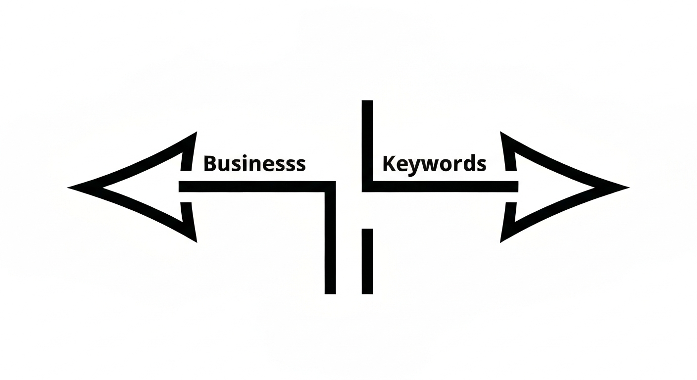 2つの矢印が左右に分かれるイラスト。事業キーワードと地域キーワードの分岐点をイメージ