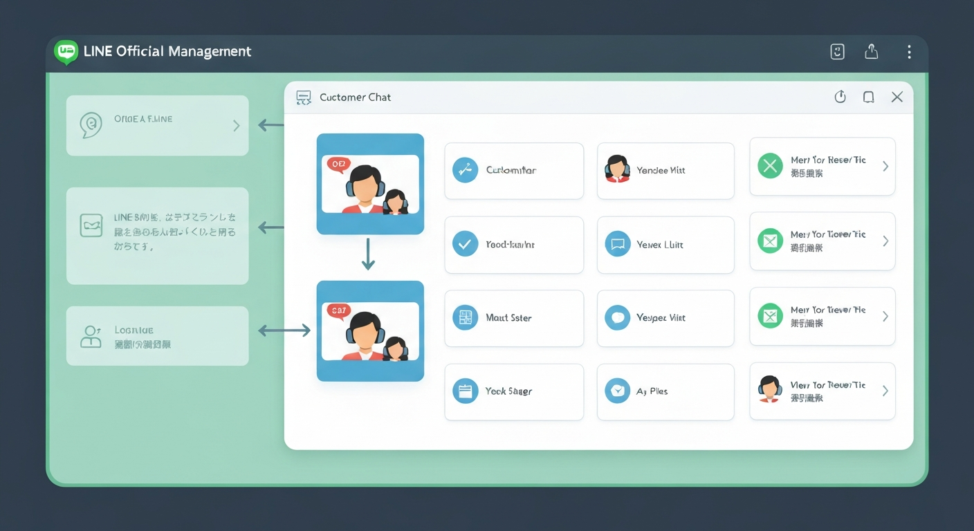 LINE公式アカウントの管理画面イメージ。顧客とのチャットやメッセージ配信の様子がわかるように