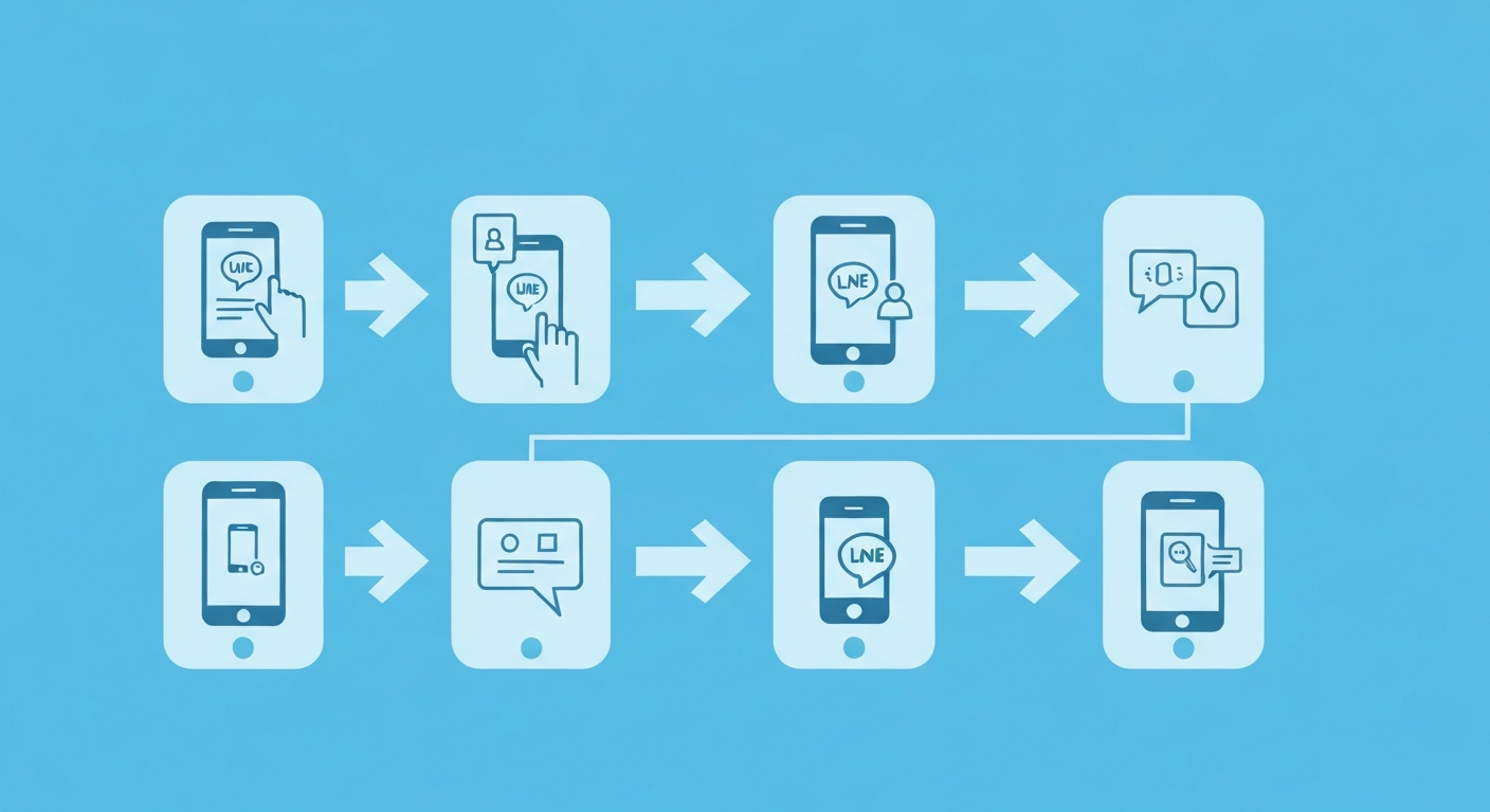 LINE公式アカウントの開設手順を示すフローチャート。各ステップを視覚的に表現