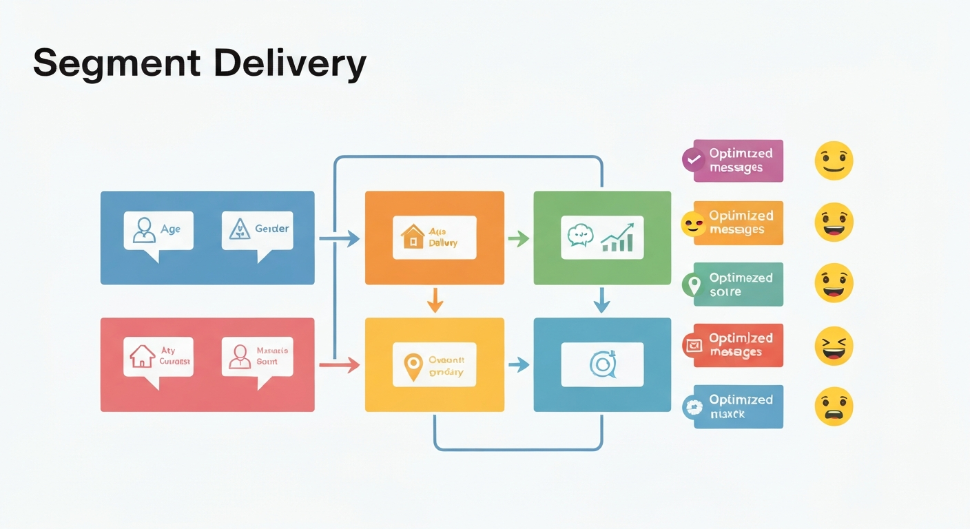 セグメント配信のイメージ図。顧客属性(年齢、性別、居住地など)でグループ分けし、それぞれに最適化されたメッセージを配信