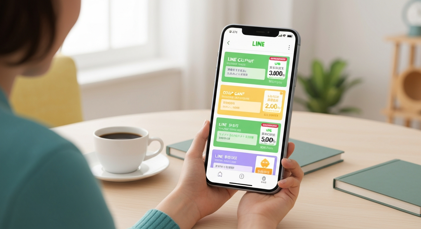 LINEクーポンとショップカードの利用イメージ。お得な情報や特典が顧客に届き、利用を促す様子