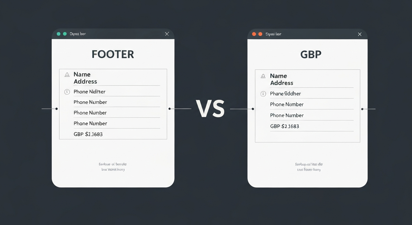 Webサイトのフッター部分とGBPの情報を比較しているイメージ。NAP情報が一致していることを示す