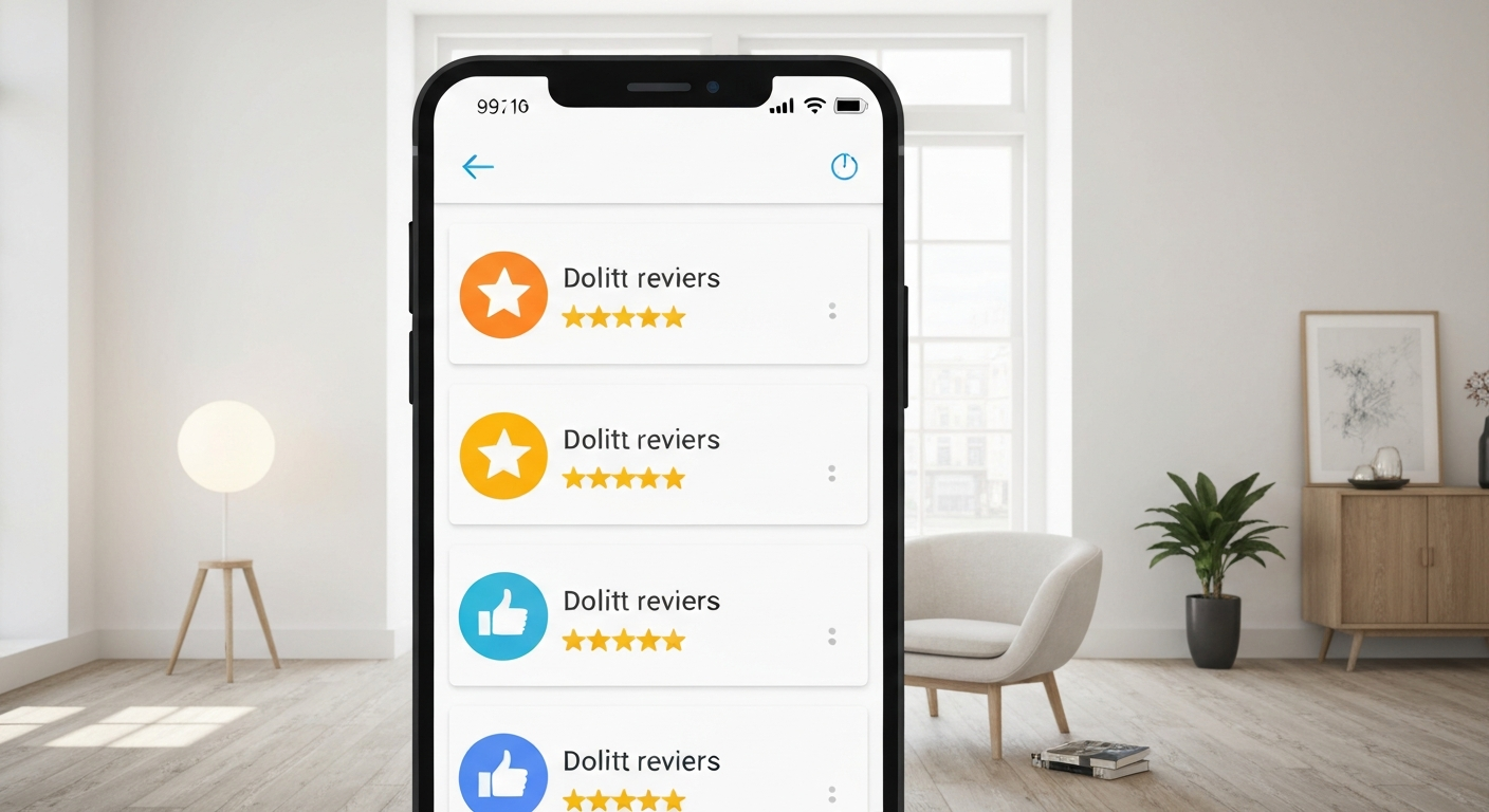 スマートフォンでGoogleマップの口コミを見ている人のイメージ。高評価の口コミが並んでいる