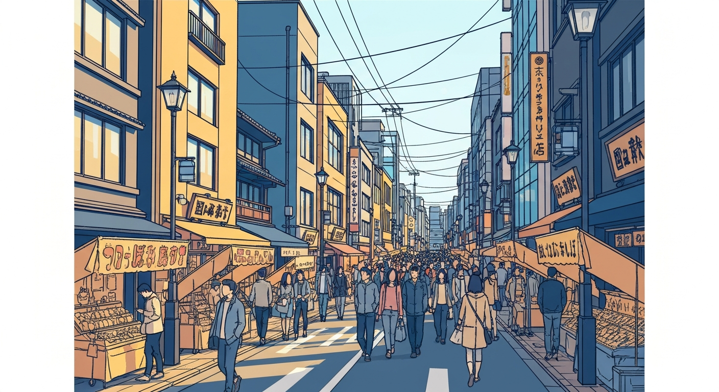 吉祥寺の賑やかな商店街のイラスト。多くの人が行き交い、活気に満ちた様子が描かれている。