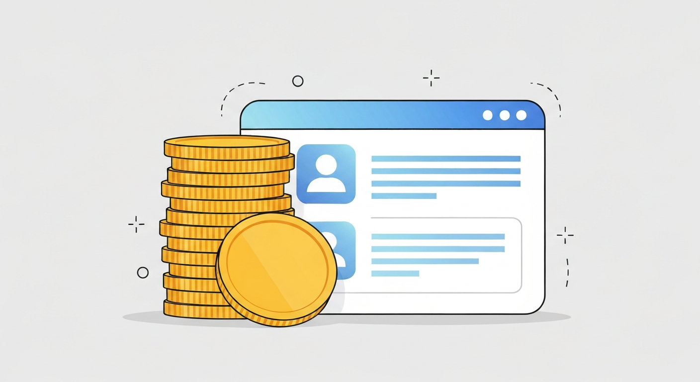 積み上げられたコインとWebサイトのアイコンが並んだイラスト。補助金申請のイメージ。