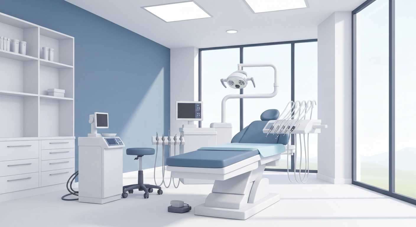 歯科医院の診察室のイラスト。清潔感があり、最新の医療機器が並んでいる。
