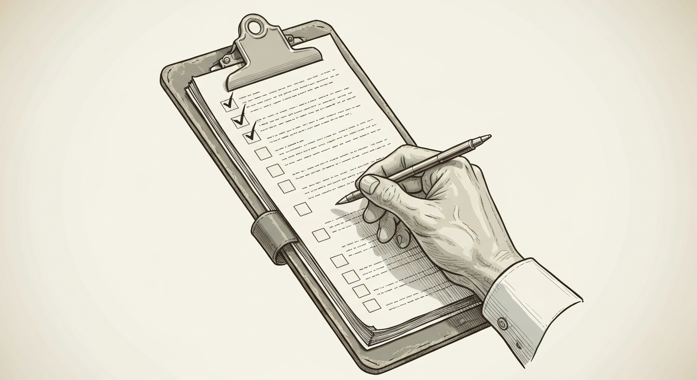 チェックリストにチェックマークを入れている手のイラスト。
