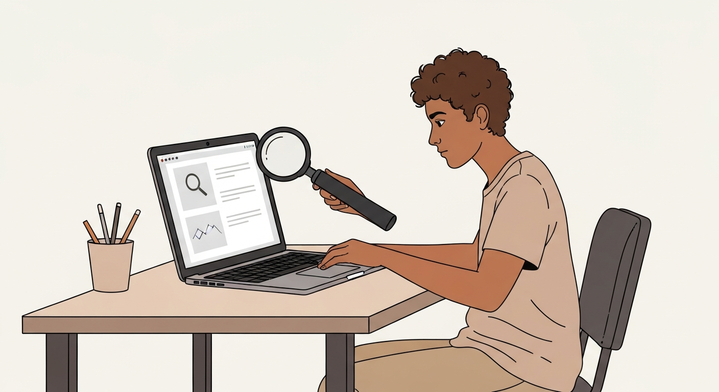 求職者が検索エンジンで仕事を探している様子を示すイラスト