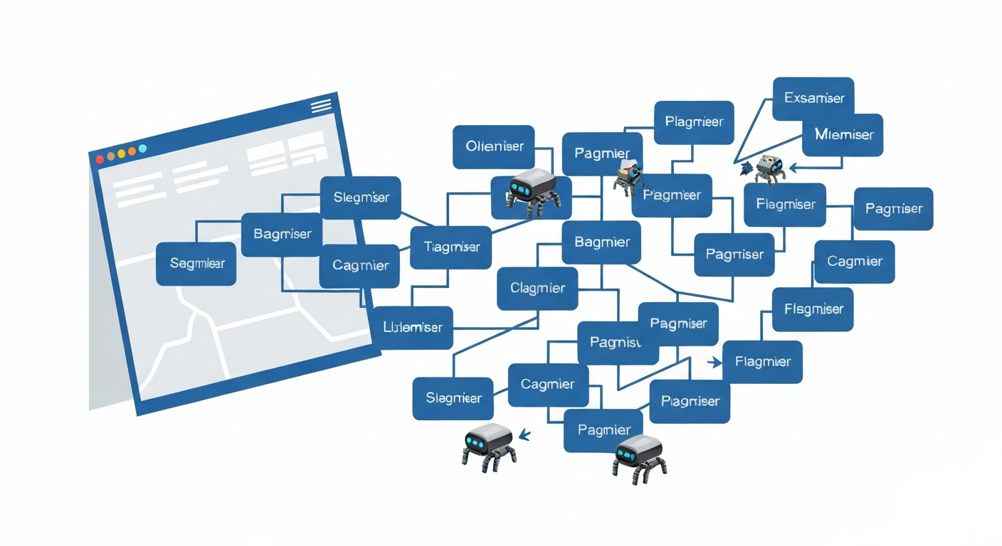 サイトマップの概念図。検索エンジンクローラーがサイトマップを辿ってサイト内を巡回する様子