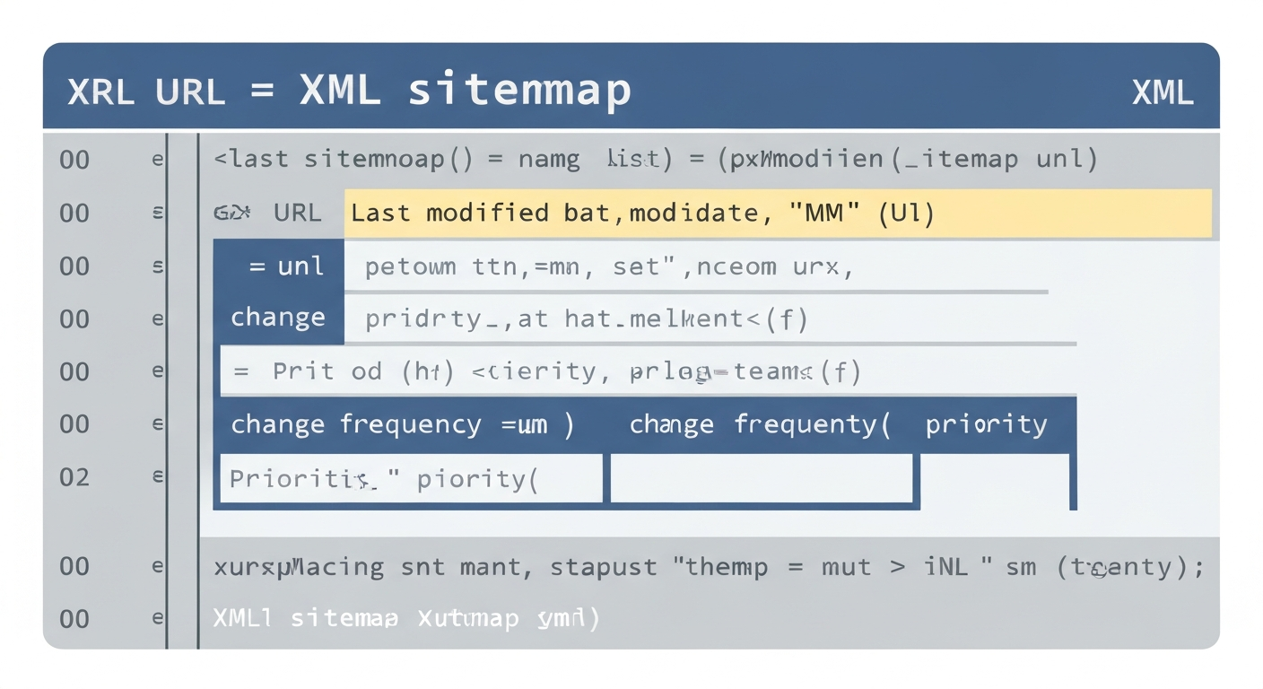 XMLサイトマップのコード例。URL、最終更新日、更新頻度、重要度などが記述されている
