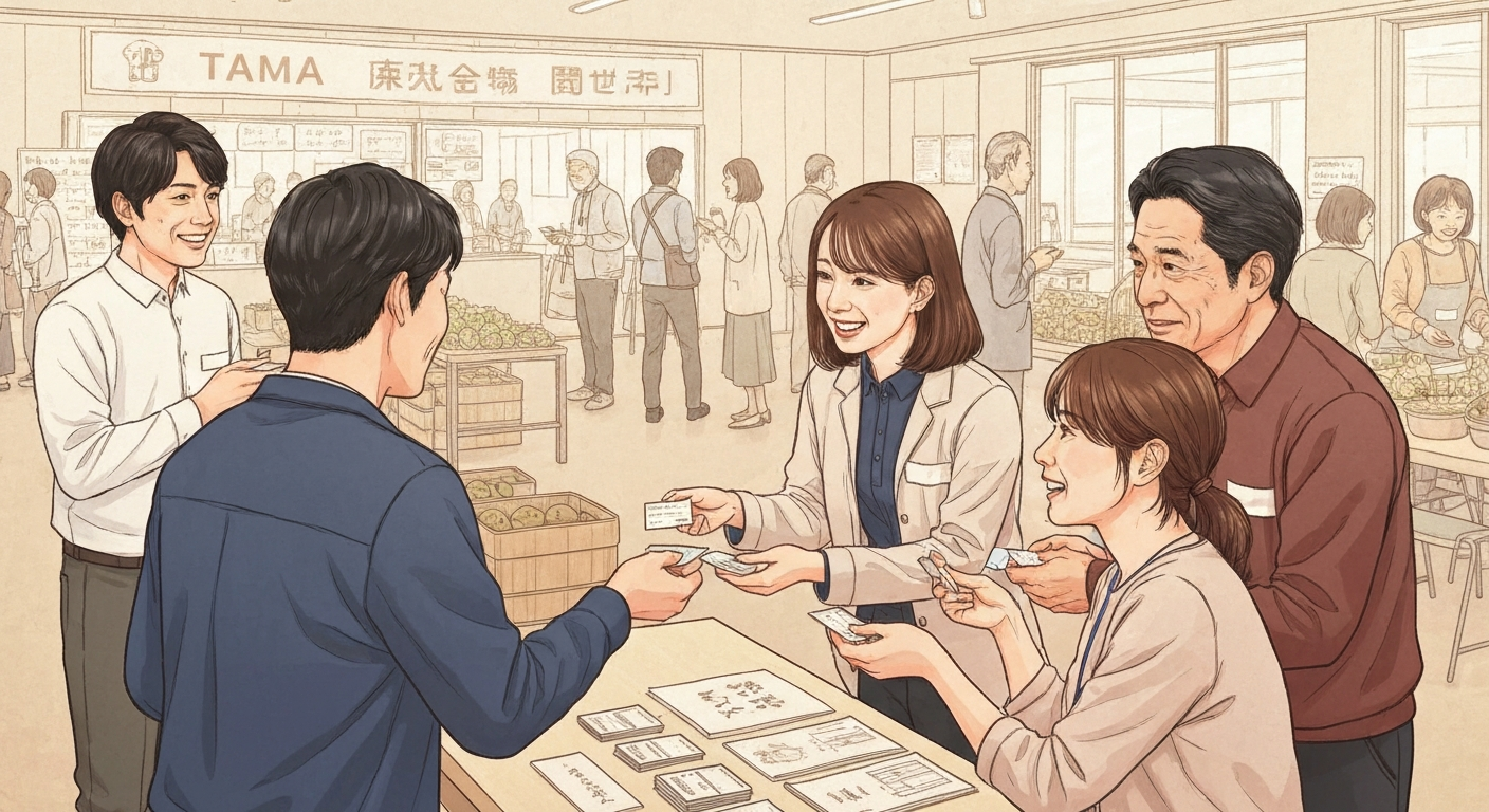 多摩地域のイベントで名刺交換をする人々のイラスト。地域交流の活発さを表現。