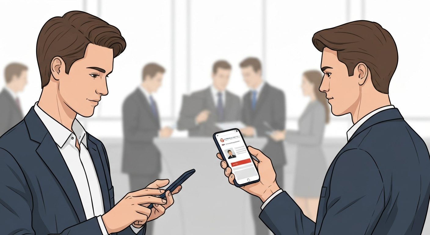 商工会議所の会合で名刺交換後、スマートフォンでWebサイトを検索する人のイメージ。