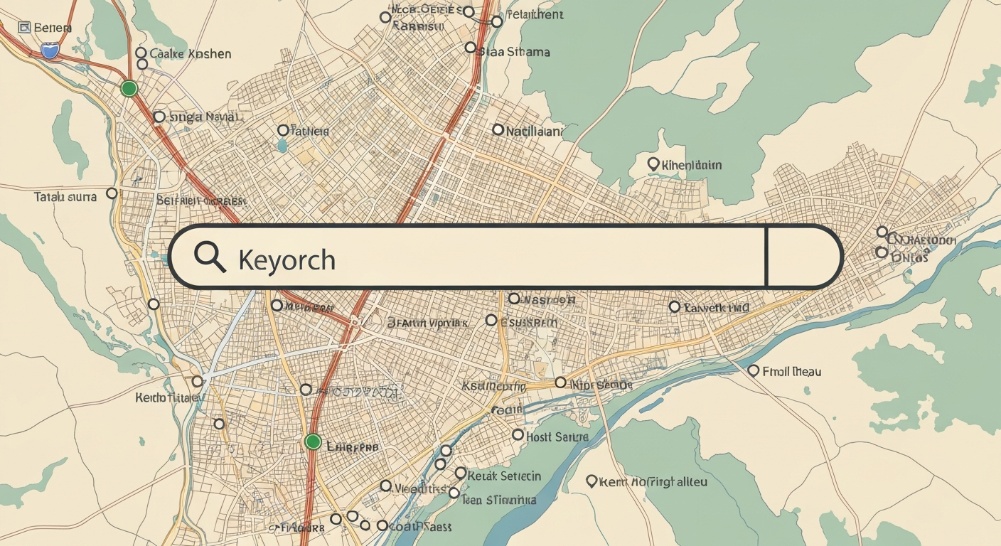 多摩地域の地図と検索窓のイメージ。地域キーワードを意識したSEO対策を表現。