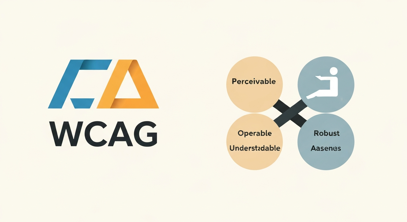 WCAGのロゴと4つの原則(知覚可能、操作可能、理解可能、堅牢)を表現したシンプルなイラスト