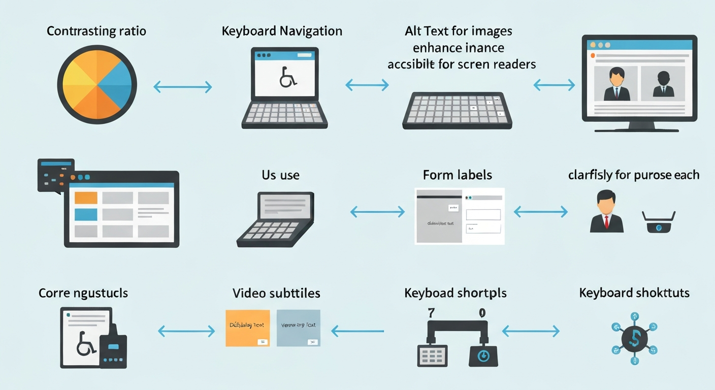 Webアクセシビリティ対策の例(コントラスト比、キーボード操作、alt属性、フォームラベル、動画字幕)をまとめたインフォグラフィック