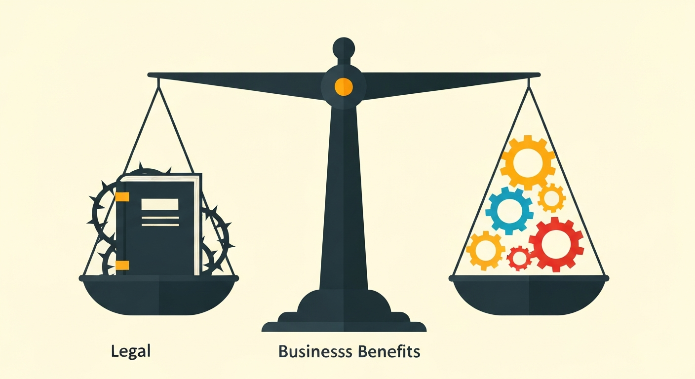 天秤のイラスト。片方に法的リスク、もう片方にビジネスメリットが乗っている