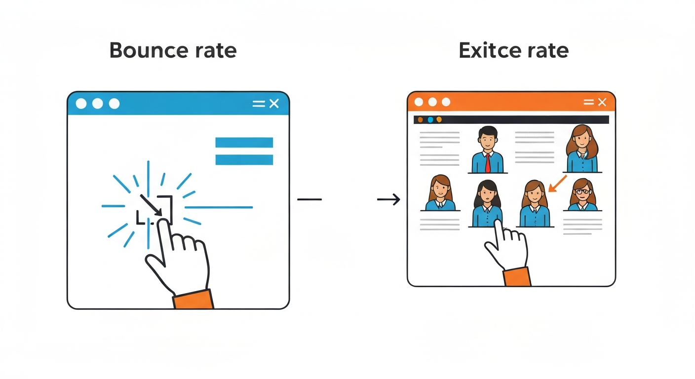 直帰率と離脱率の違いを図で説明したイラスト。マウスカーソルがページから離れる様子を含む