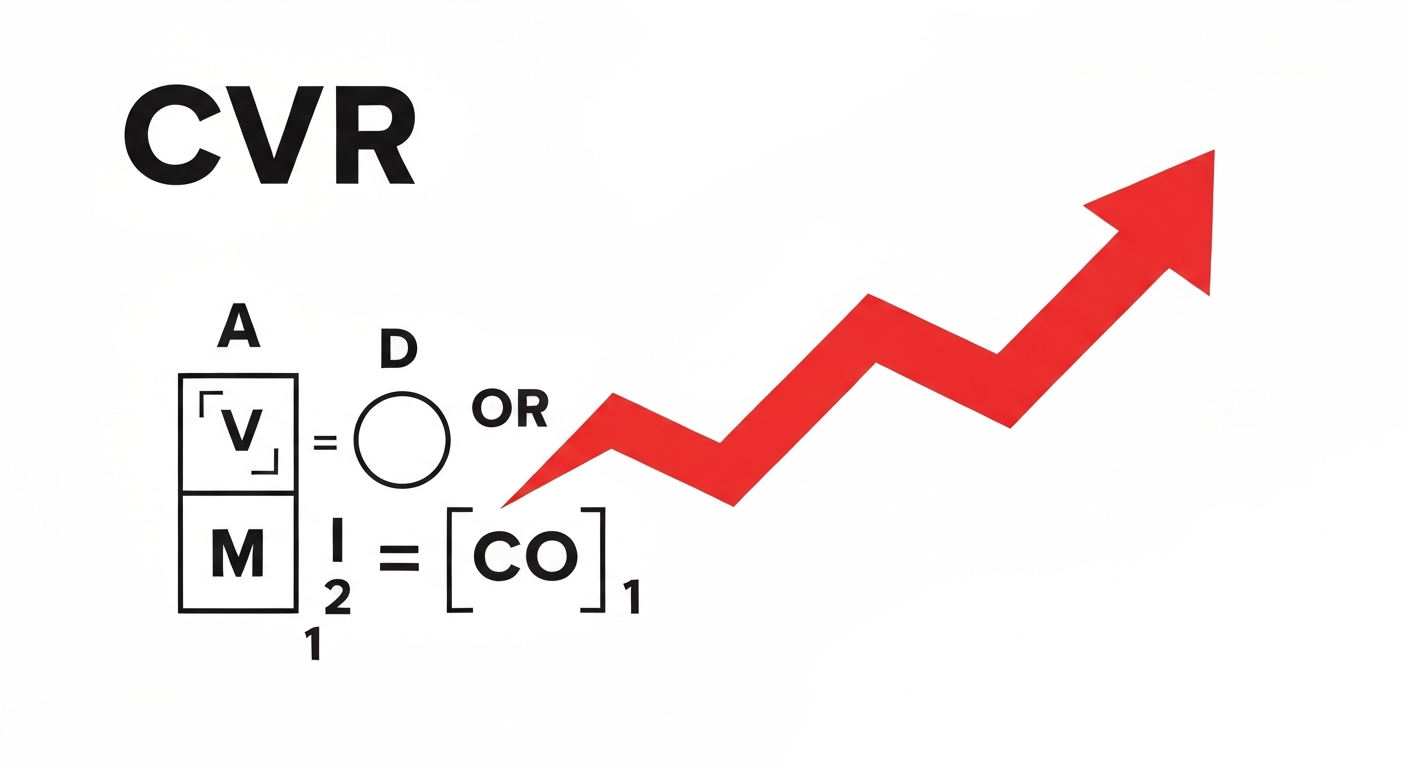 CV率を計算する数式と、CVR改善のための矢印が上向きに伸びるイラスト