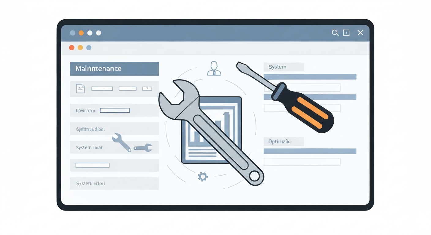 Webサイトのメンテナンス画面のイラスト。スパナやドライバーなどの工具が描かれている