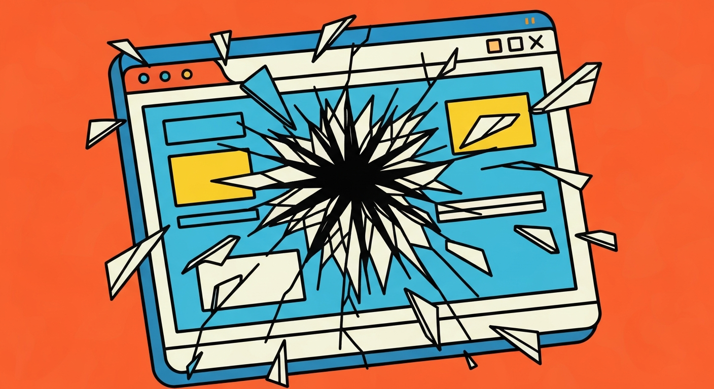 崩れたWebサイトの画面のイラスト。エラーメッセージが表示されている