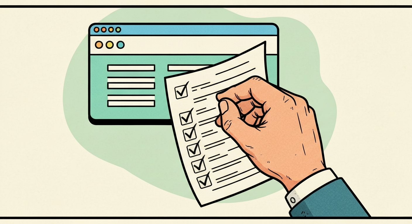 チェックリストにチェックを入れる手のイラスト。Webサイトのアイコンが背景にある