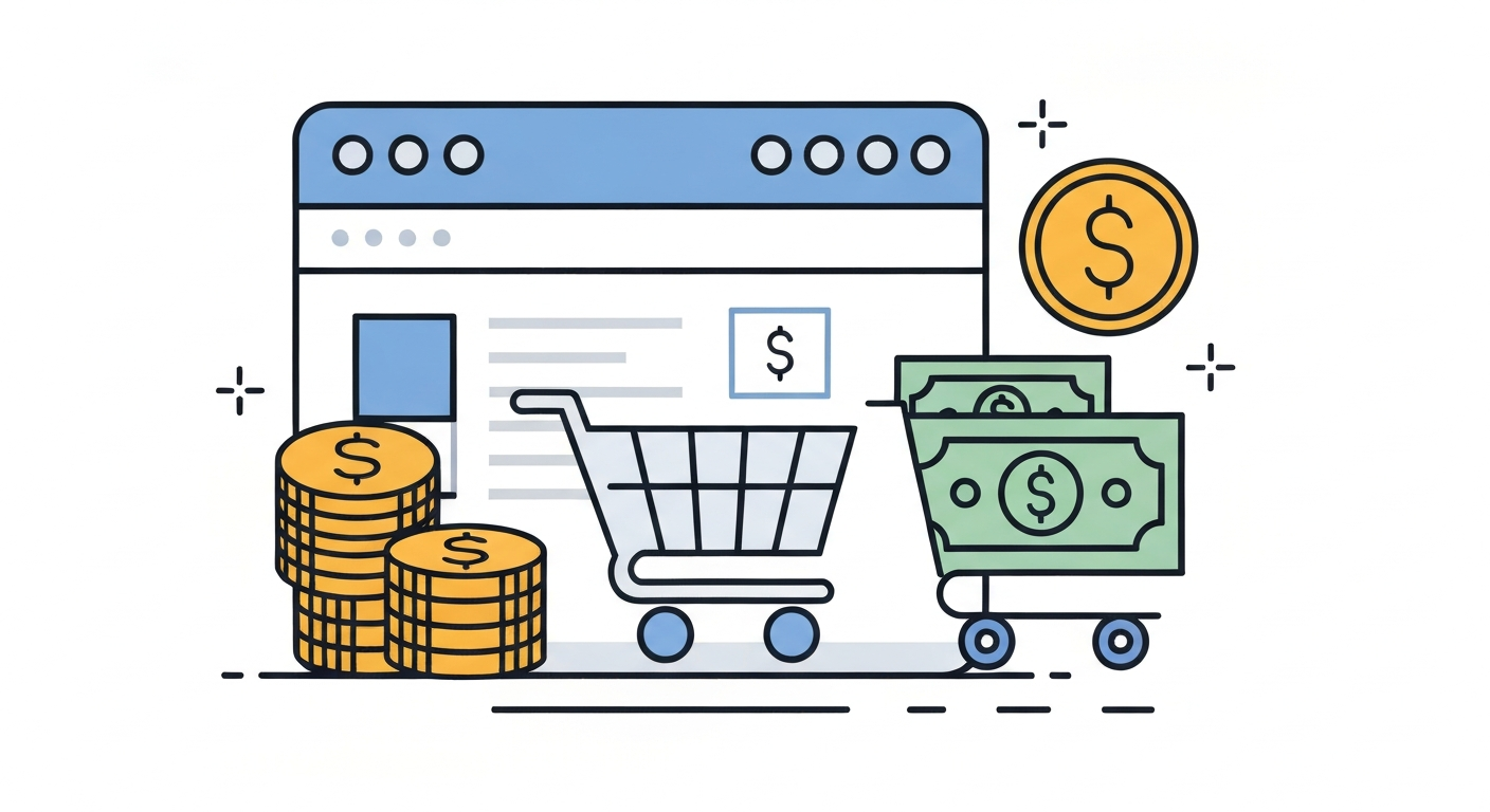 Webサイトのアイコンと金額の記号が描かれたイラスト