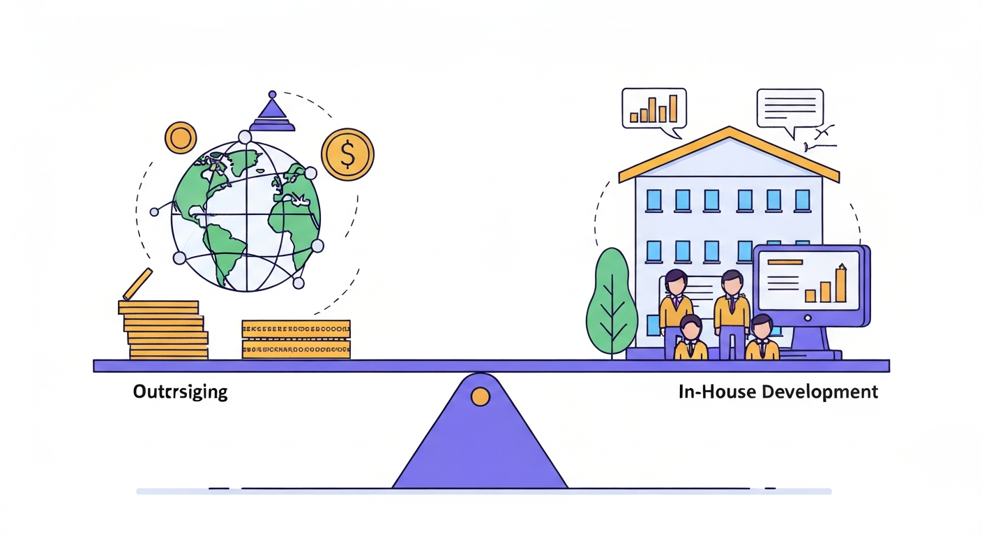 外注と内製の選択肢が描かれたイラスト。シーソーでバランスを取っている